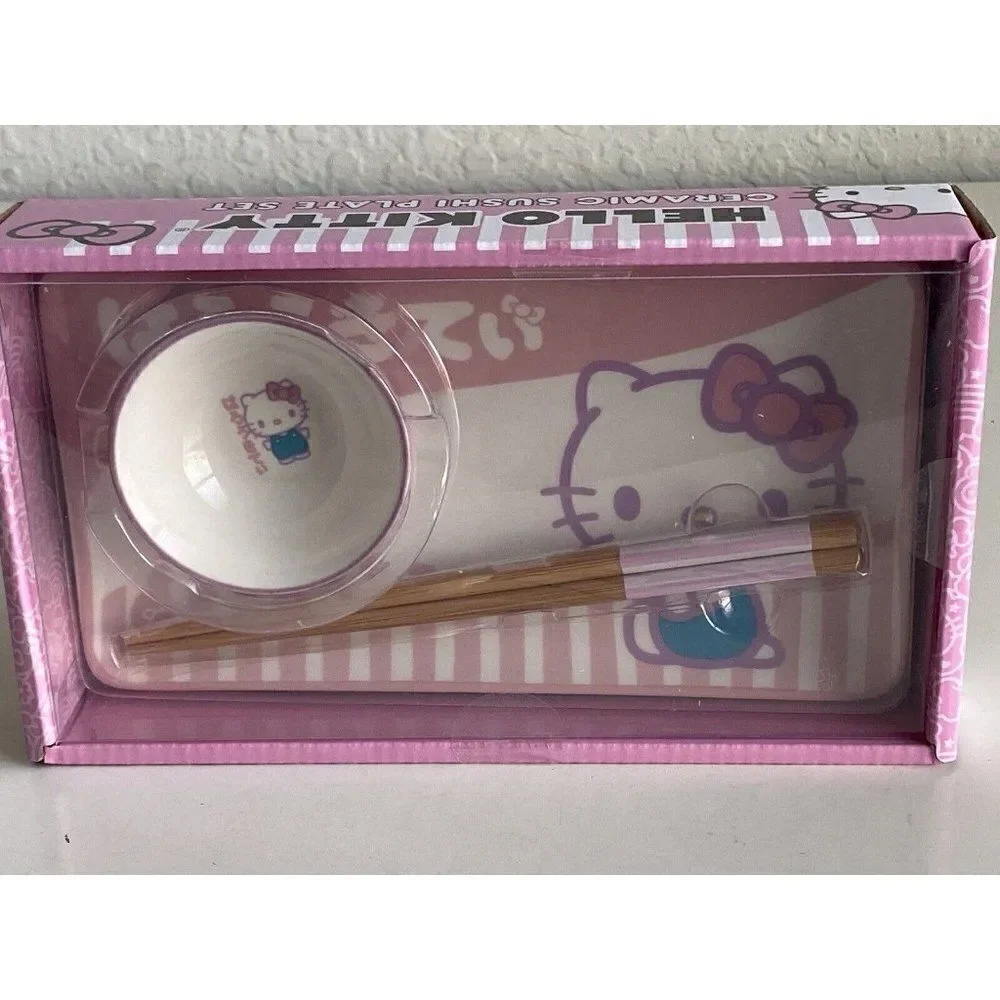 3 Piece Sanrio Hello Kitty Pink Ceramic Sushi Set With Sauce Bowl and Chopsticks